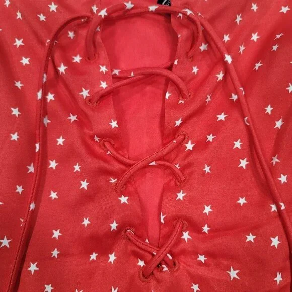 Zara Red Star Printed Satin Effect Bodysuit Sz XL - Picture 6 of 12